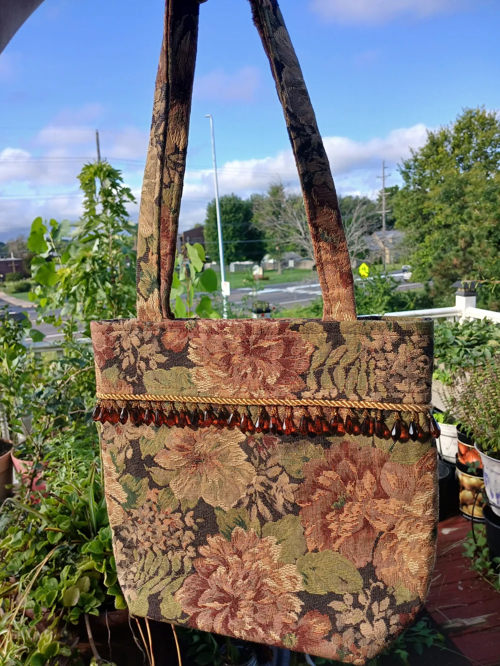 Floral Tapestry Beaded Shoulder Tote - Brown/Green